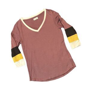 Maurices 24/7 Women’s Blocked 3/4 Sleeve Thermal Tee Pink Black Gold Size S